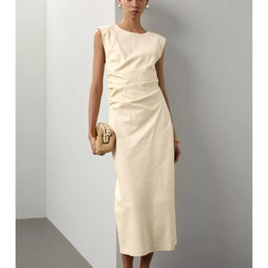 Modern Citizen Cream Midi Sheath Dress MEDIUM Ruched Career Chic Designer $148